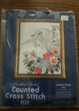 Vintage 80s Counted Cross Stitch Unicorn Floral Kit #50036 Something Special