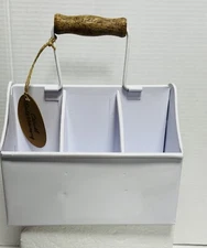 Utensil Holder White Rustic Farmhouse Caddy / Flatware Storage Metal 8x7 New
