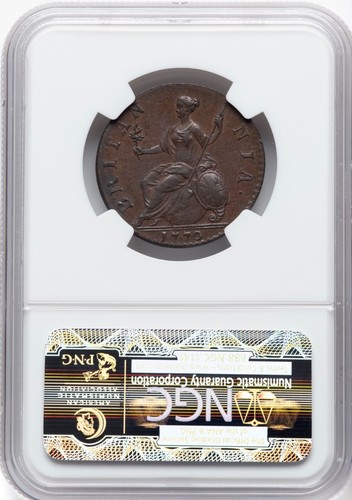 ENGLAND GEORGE III 1770 HALF PENNY COPPER COIN, CHOICE AU, CERTIFIED NGC AU58 - Picture 2 of 2