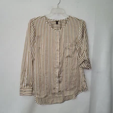 Dana Buchman Top Womens 16 Beige Stripe Roll Tab Sleeve Button Up Blouse Office