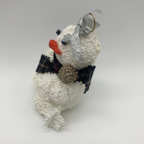 Snowman Christmas Ornament Styrofoam Blue Plaid Scarf Snowflake Handmade - Picture 2 of 7