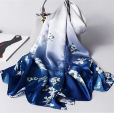 100% Silk large Satin Scarf Women neckerchief Shawl Wrap Floral blue navy HD1-7