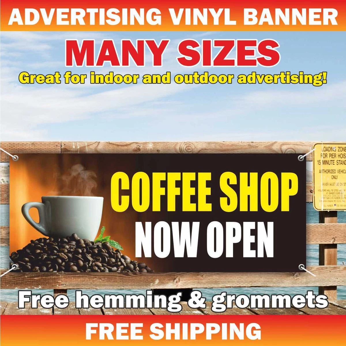COFFEE SHOP NOW OPEN Advertising Banner Vinyl Mesh Sign cafeteria