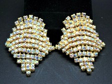 VINTAGE ESTATE SIGNED MUSI 2 1/8" AURORA BOREALIS STONES GOLD PLATE SHOE CLIPS