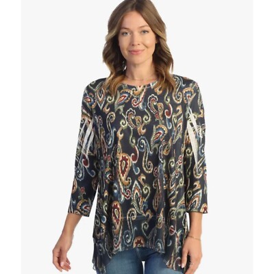 Jess & Jane Paisley Tunic Top Bohemia 3/4 Sleeve USA Made Small