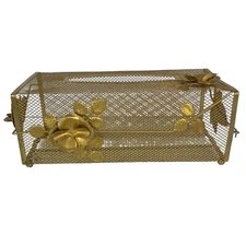 Vintage Decorative Gold Gilt Metal Mesh Tissue Box Holder Floral Rose Accents