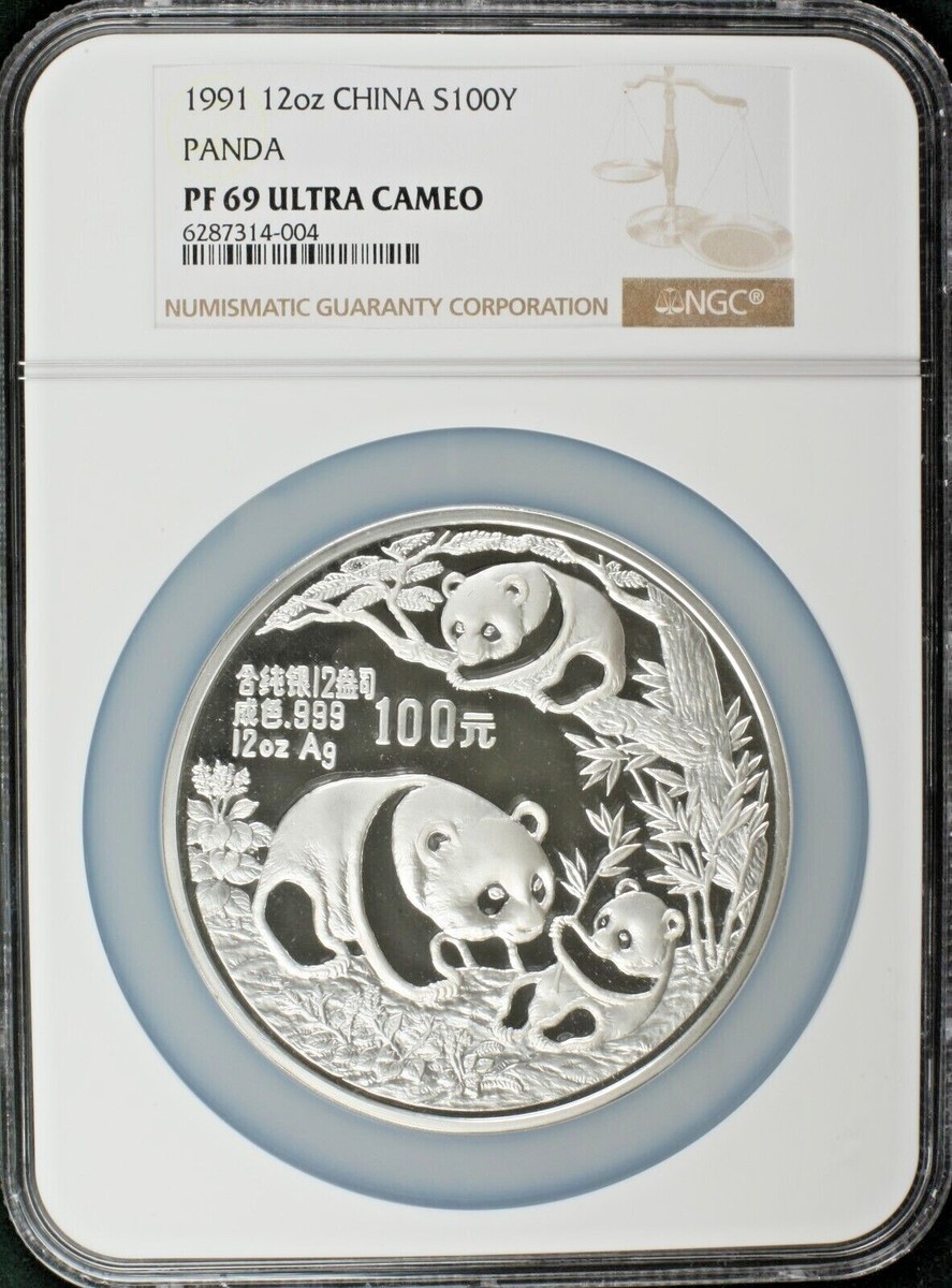 1991 12 oz. Silver Panda 100 Yuan NGC PF69 Ultra Cameo. Tied for