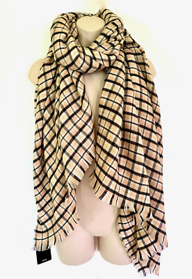 NWT Mango MNG Women s Khaki Beige Black Plaid Checked Blanket Oversized Scarf