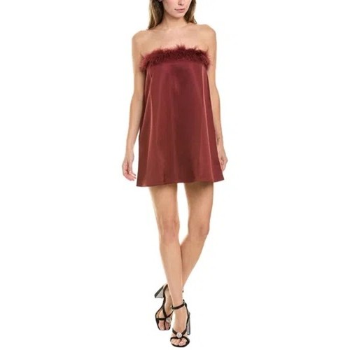 WeWoreWhat Maroon Brown Strapless Ostrich Feather Trim Satin Mini Dress Size 0 - Picture 1 of 10
