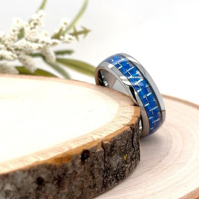 8mm Silver Tungsten Christmas Gift Ring For Her Blue Inlay Geometric Design Band