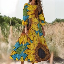 Sunflower Long Sleeve Maxi Dress, High Waist Flowy A-Line Dress, Boho Floral Aut