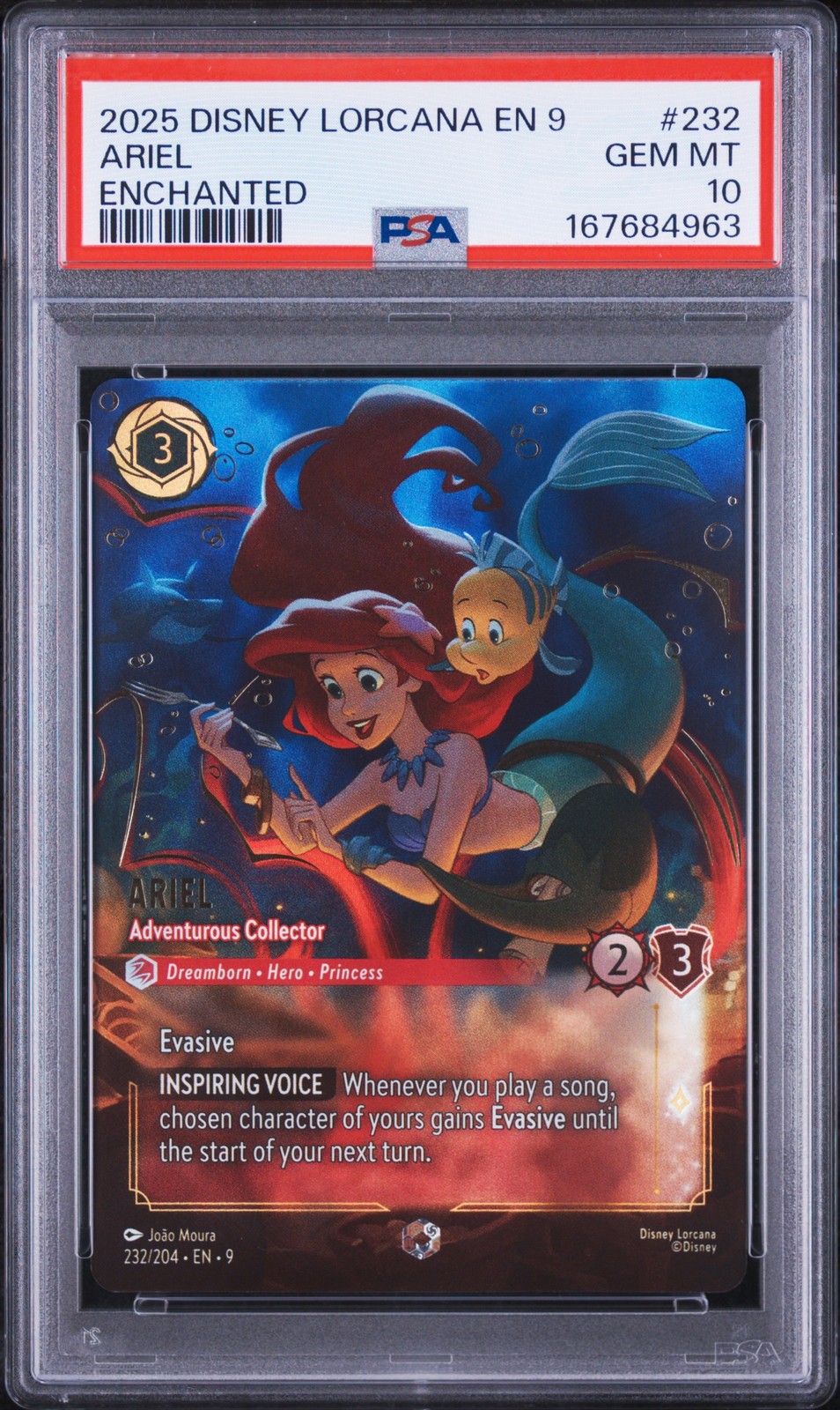 2025 DISNEY LORCANA EN 9 - FABLED ENCHANTED ARIEL - ADVENTUROUS COLLECTOR PSA 10