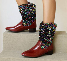 Sequin Women's Faux Leather Pointed Toe Ankle Boots Block Heel Shoes Slip On OL