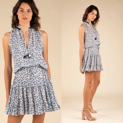 Poupette St Barth Clara Mini Dress Blue Floral Tassel Large