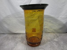 Large Art Glass Amber Textured Vase Black Flared Rim Home Decor Centerpiece