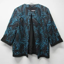 Ming Wang Black Blue Embroidered Embossed Flames Art to Wear Open Jacket sz L