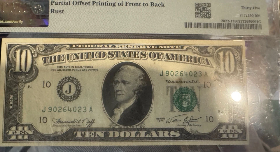 FR#2022-J $10.00 1974 F.R.N. Offset Printing Error ,PMG Authenticated - Image 4 of 4