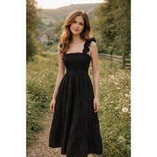 Quince Black Smocked Tiered Midi Dress – Organic Cotton – Size L