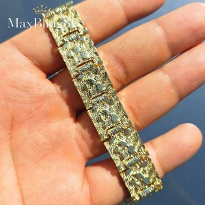 Authentic MEN ICED HIP HOP GOLD PLATED LUXURY BLUE DIAL GOLDEN NUGGET WATCH & BRACELET SET
