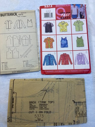 Butterick 5373 Size 18 20 22 Misses' Petite Shirt & Tank Top 1980's FF/UC - Picture 2 of 3