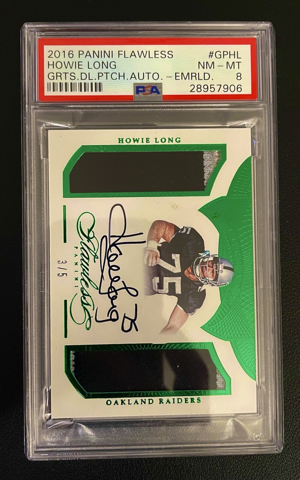 Howie Long Oakland Raiders 2016 FLAWLESS 3/5 PSA 8 NM MT auto relic jersey HOF 