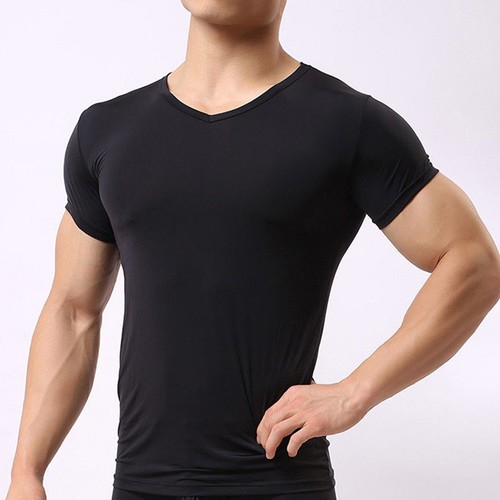 Camisetas básicas de verano informales de seda helada delgadas ajustadas sin costuras con cuello en V para hombre - Imagen 10 de 15