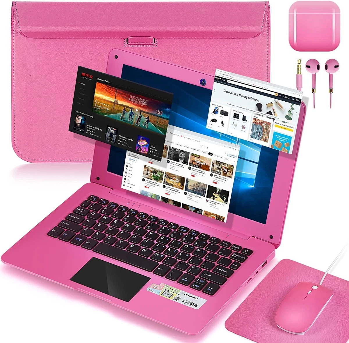 10.1 Inch Laptop Windows 10 Netbook Computer Full HD Quad Core Laptop with  WiFi, HDMI, Netflix,  and Laptop Bag,Mouse, Mouse Pad, Headphone  (Pink) 