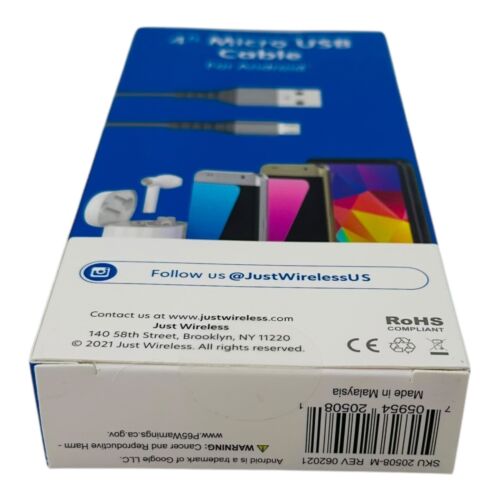 Just Cavo Micro USB Wireless 4ft Cavo di Ricarica per Dispositivi Android -Scatola Sigillata - Foto 8 di 8