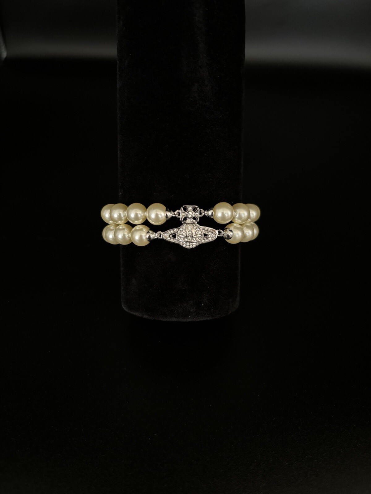 Vivienne Westwood Nana GRAZIELLA Two Row Pearl Pave Orb Bracelet SilverTone #372