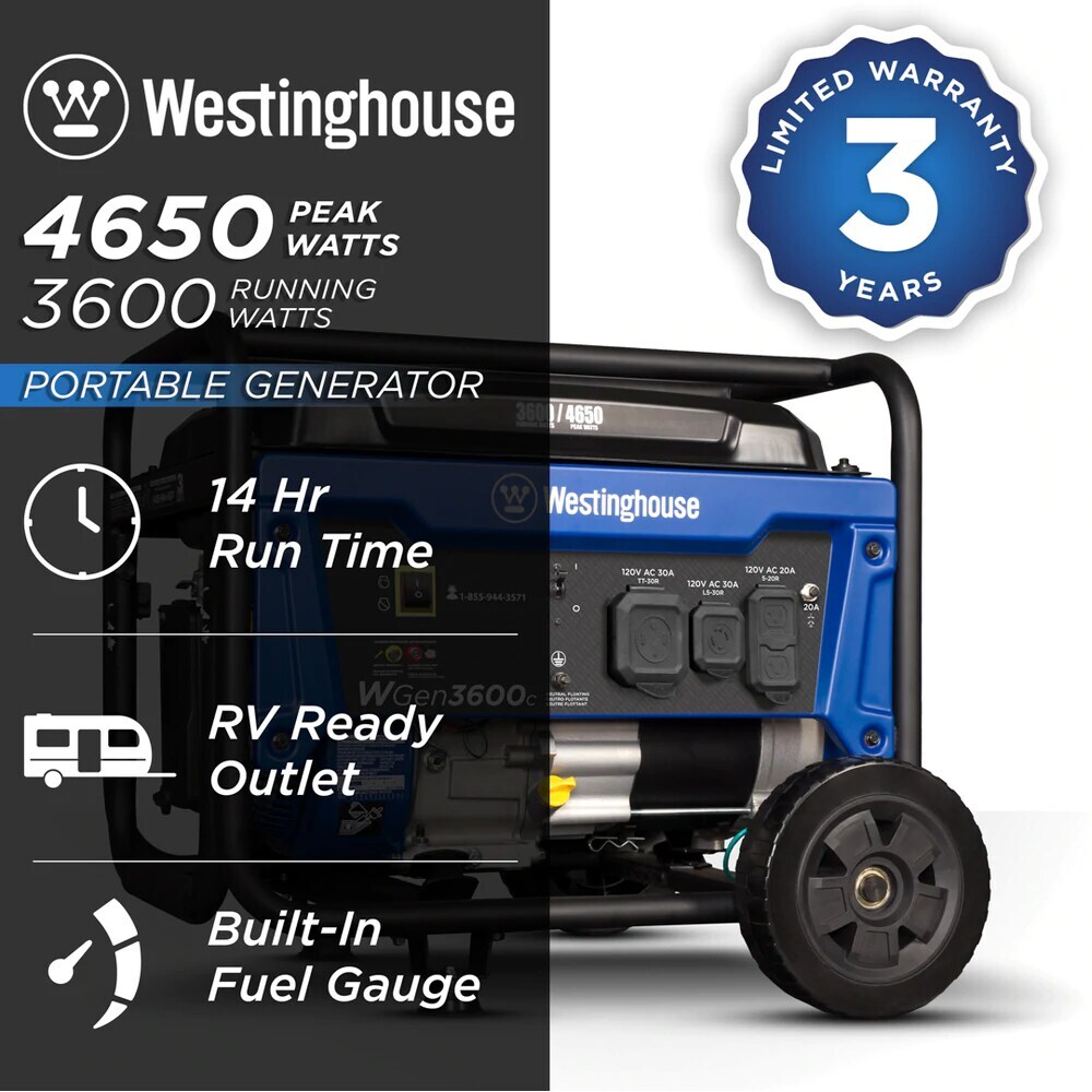 Westinghouse WGen3600c 3600 Watt Portable Generator w/ Wheel Kit, RV Outlet... eBay
