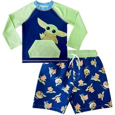 Star Wars Baby Yoda Boys Swimsuit Swim Trunks Rash Guard Shirt Shorts Sz 6 7