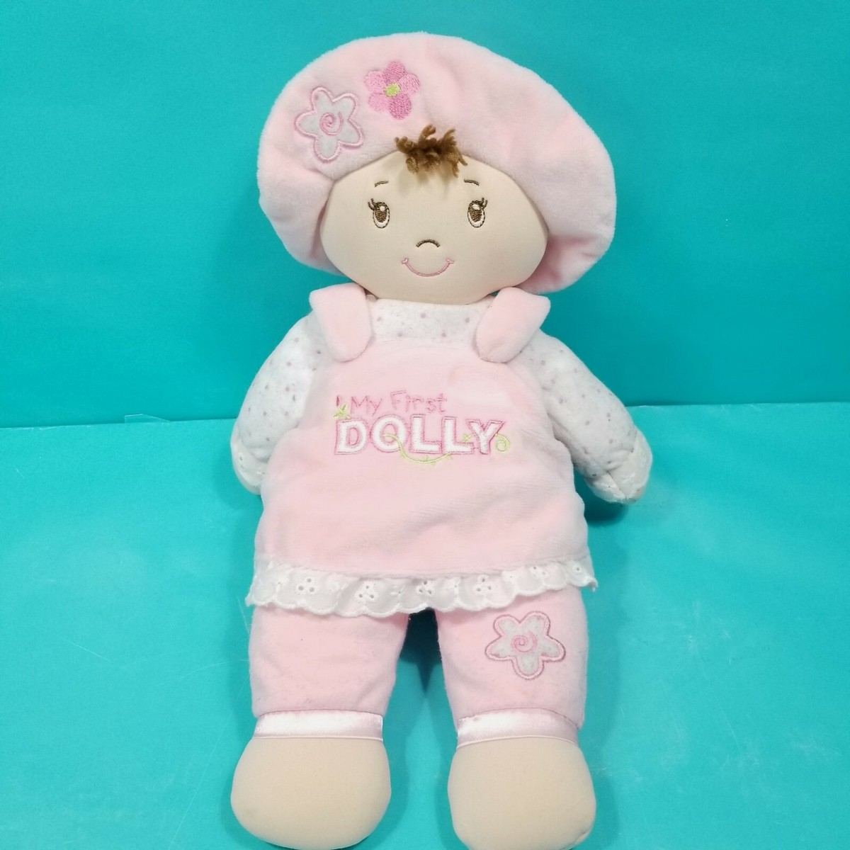 BABY GUND My First Dolly Pink Dress Hat Brunette Plush Doll 319893