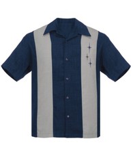 Steady Clothing Hemd Three Star Panel Blau Vintage Bowling Shirt Retro 
