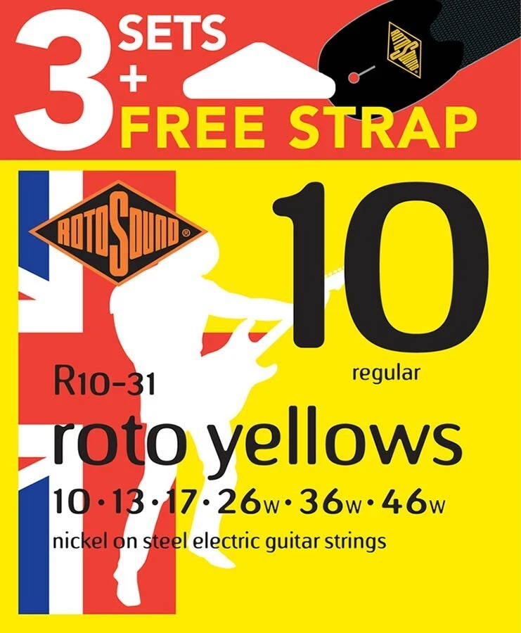 ROTOSOUND – 3 Pack R10 Yellows 10-46 with Free Strap