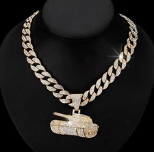 Gold Plated Tank Pendant & 18" Iced Cubic Zirconia Cuban Chain Necklace Jewelry
