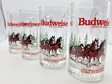 Set of Four 1989 Budweiser Clydesdale Horse Holiday 8 oz Beer Glass Mug Stein