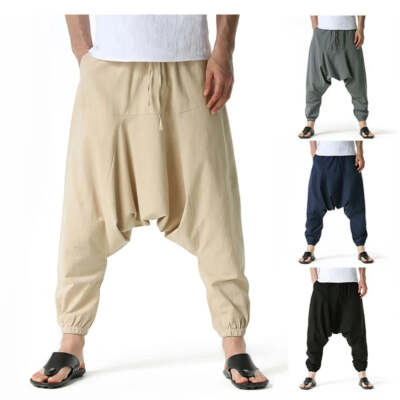 Herren Baumwolle und Leinen Hose Haremhose Baggy Freizeit Übergröße