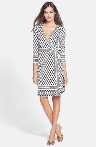 Diane Von Furstenberg Tallulah Silk Wrap Dress Long Sleeve Geo Black White Sz.0 - Picture 3 of 14