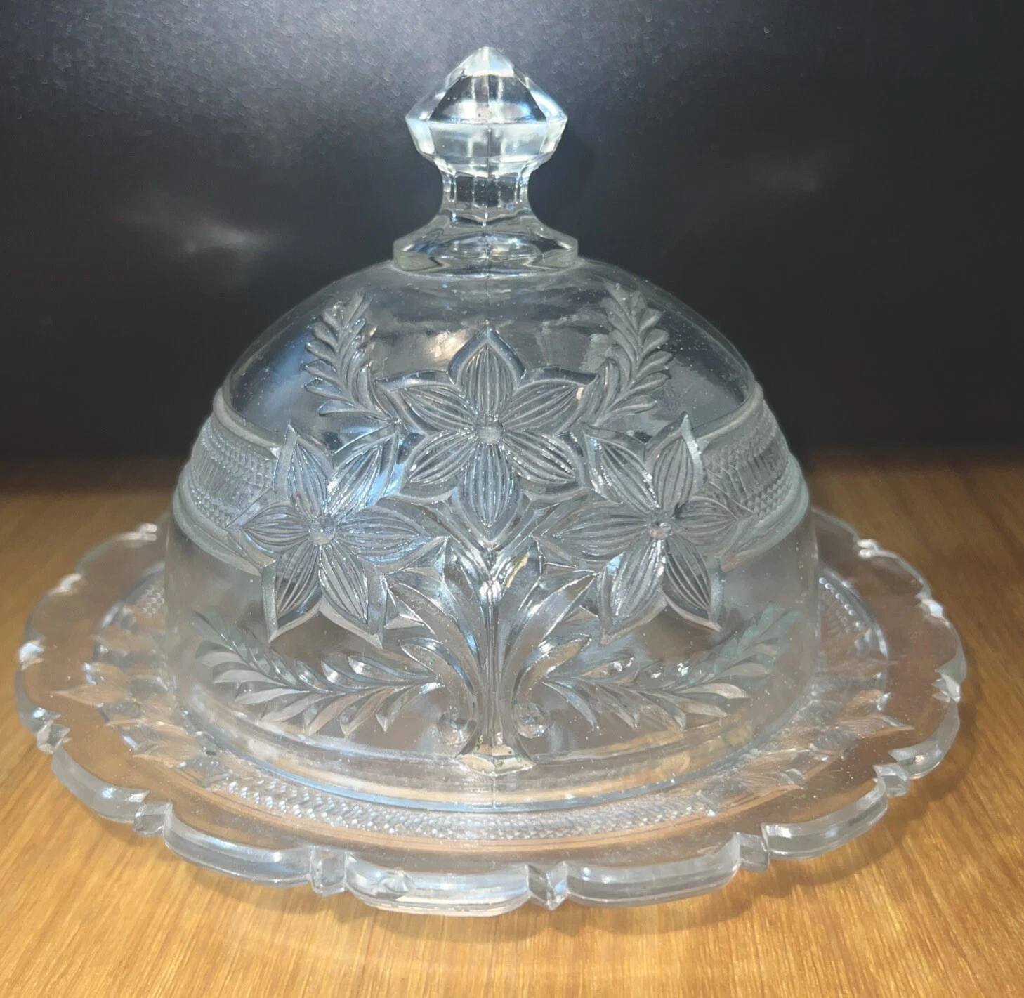 Vintage Clear Round Covered Glass Butter Dish Antique Flower Floral Cut
