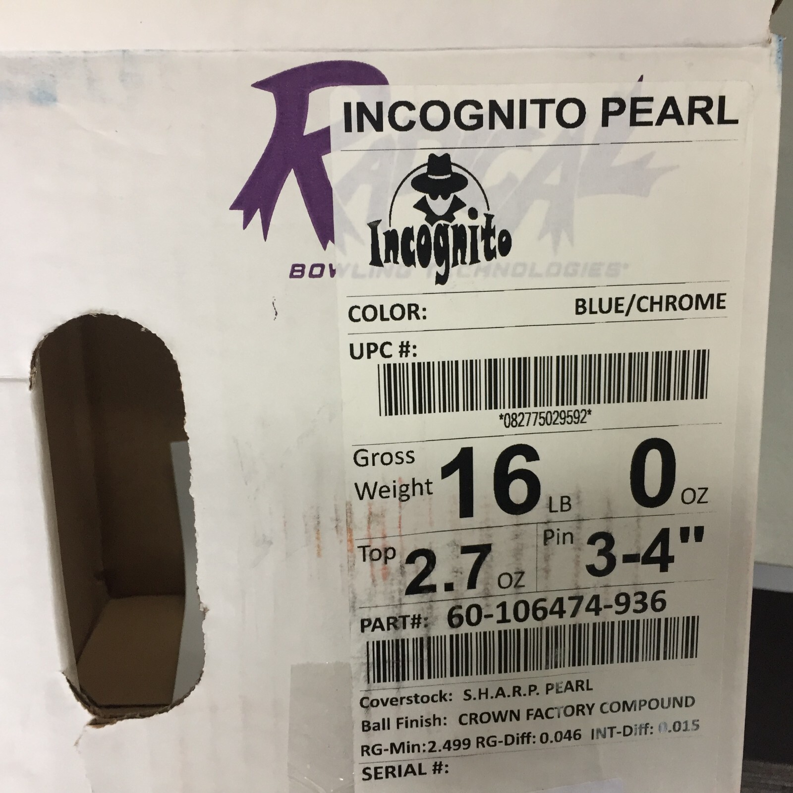 Radical Incognito Pearl Bowling Ball 1st quality 16 lb   NEW UNDRILLED !    #226