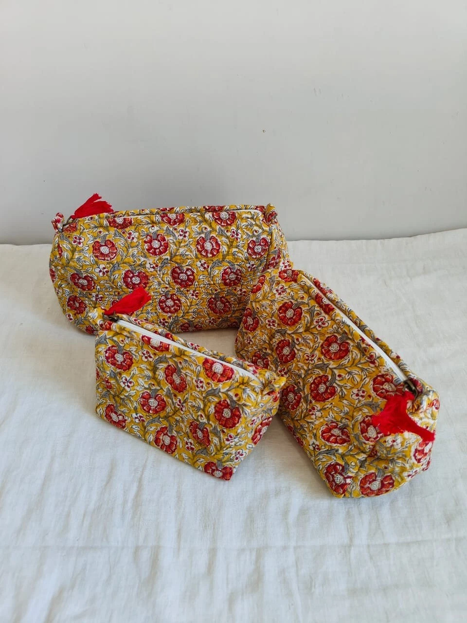 Set Of 3 Cotton Quilted Makeup Bag & Organizer, Cotton Toiletry Case, Makeup Bag