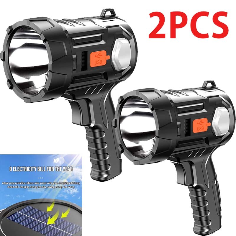 2PC 3000000LM Bright Solar/USB Rechargeable LED Spotlight Flashlight Searchlight