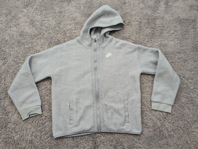 Nike Hoodie Womens Large Sweatshirt Faux Fur Fleece Gray Full Zip Long  Sleeve