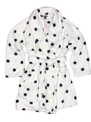 VICTORIA'S SECRET COZY SHORT PLUSH BATH ROBE LOGO POLKA DOT XS/S M/L XL/XXL NWT