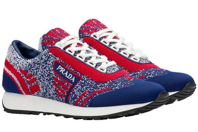PRADA Logo Knit Sneaker EU 41 US 11 1E371L Red Blue Lace-Up Tennis Shoes  NEW