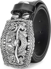 Western-Cowboy-Leather-Belts for Women Turquoise Buckles-Belt Embossed Cowgirl W