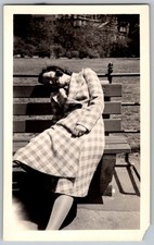 Vtg B&W Snapshot Woman Plaid Coat Sitting Bench Park 1940s