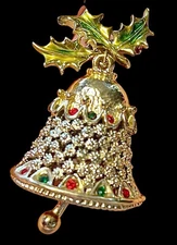 1970’s Tracer II Jewelry Christmas Bell Brooch W/Green & Red Rhinestones 