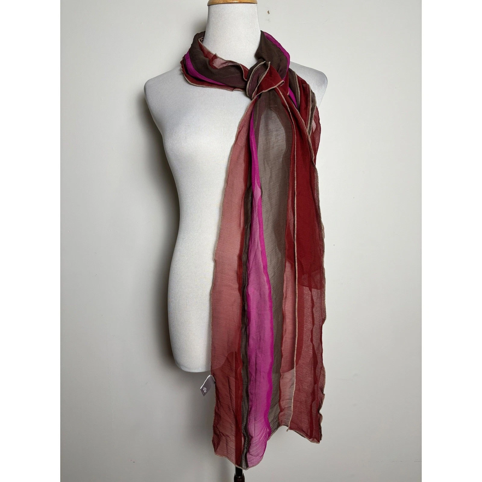 J. Jill Women Silk Patchwork Scarf One Size Earthy Jewel Tone Long Sheer Crinkle