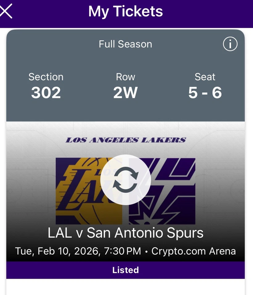 2 Grandes Entradas para The LA Lakers vs San Antonio Spurs 2/10/26 Sección 302 Foto 2 de 4